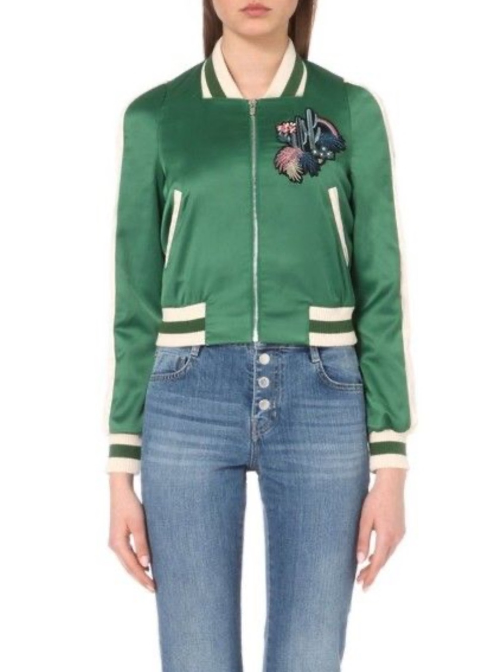 Maje Green Satin Bomber Jacket with Cream Sleeves and Embroidered Patch
